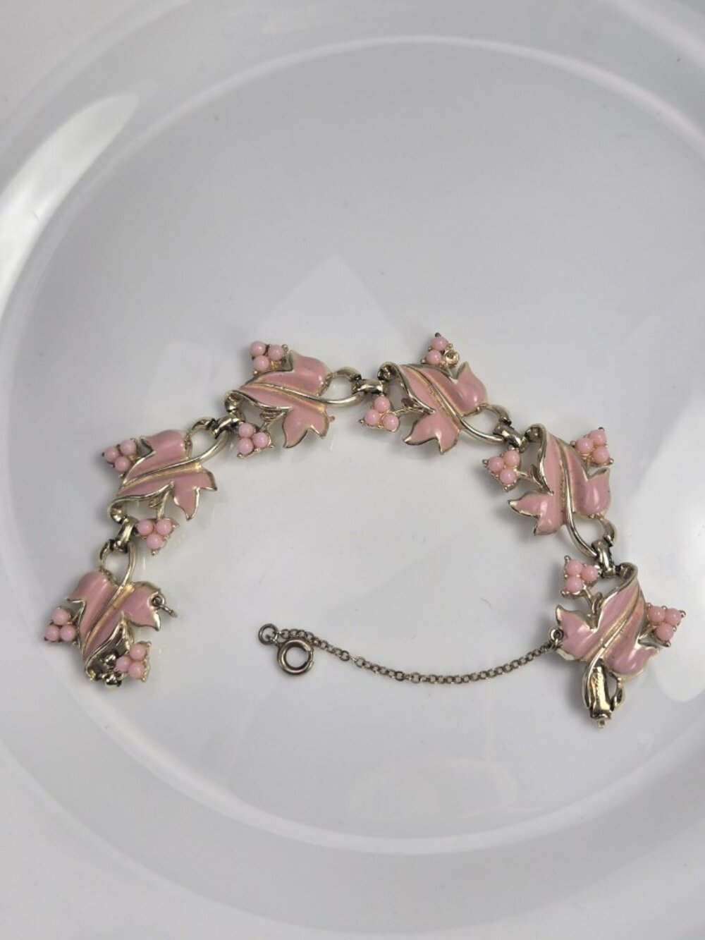 Vintage Coro Pink Thermoset Bracelet Leaf Floral Link MCM 1950s 60s - Picture 4 of 12